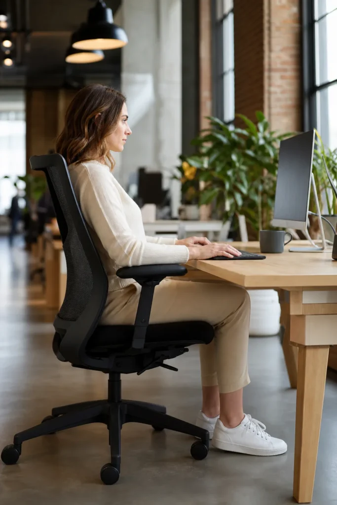 Personne assise de profil à un bureau, les avant-bras reposant sur les accoudoirs réglables d’un fauteuil ergonomique.