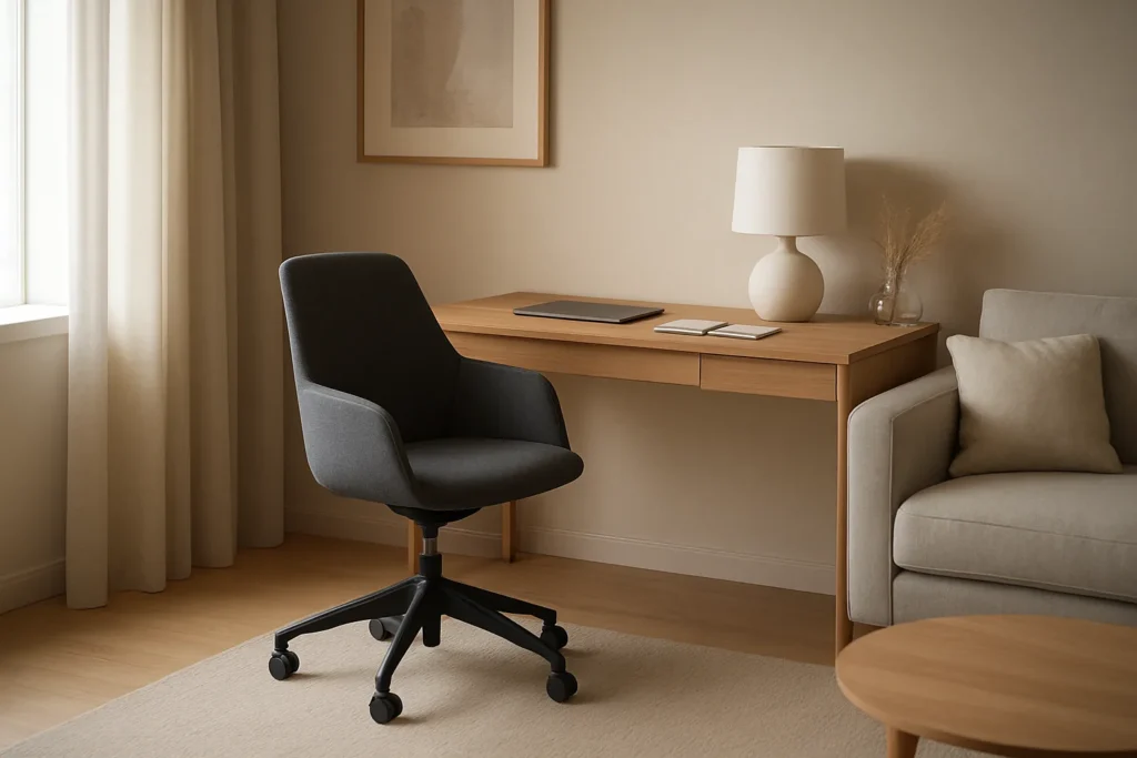Un fauteuil de bureau sobre installé près d’un petit bureau dans un séjour lumineux aux tons neutres.