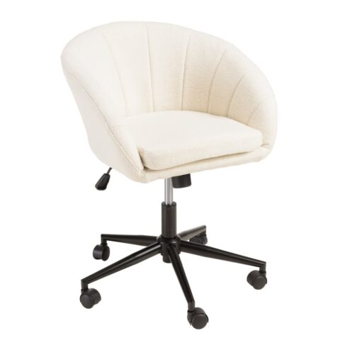 Chaise de bureau MACABANE écrue à roulettes, dossier arrondi en tissu bouclette