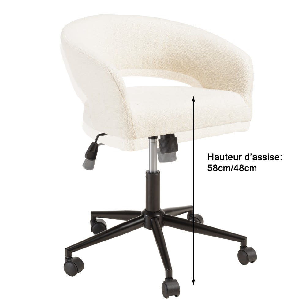 Chaise de bureau MACABANE Mina en bouclette écrue avec dossier ouvert et roulettes — vue 8