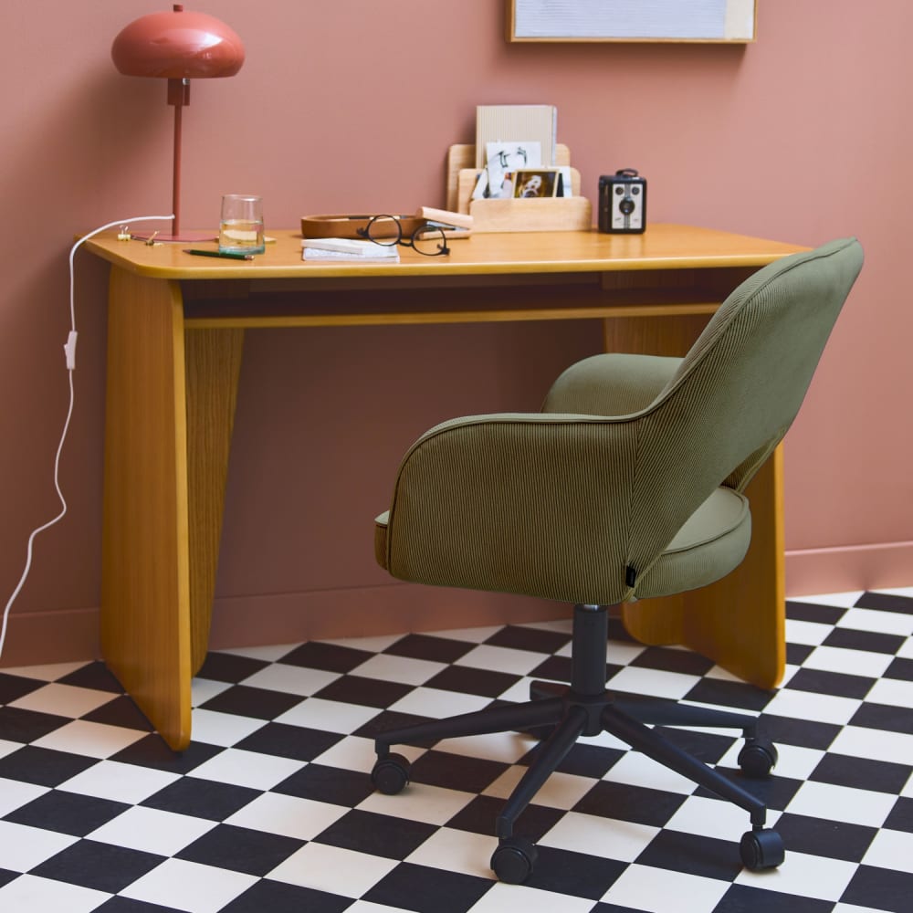 Chaise de bureau sweeek Jim en velours côtelé kaki avec roulettes
