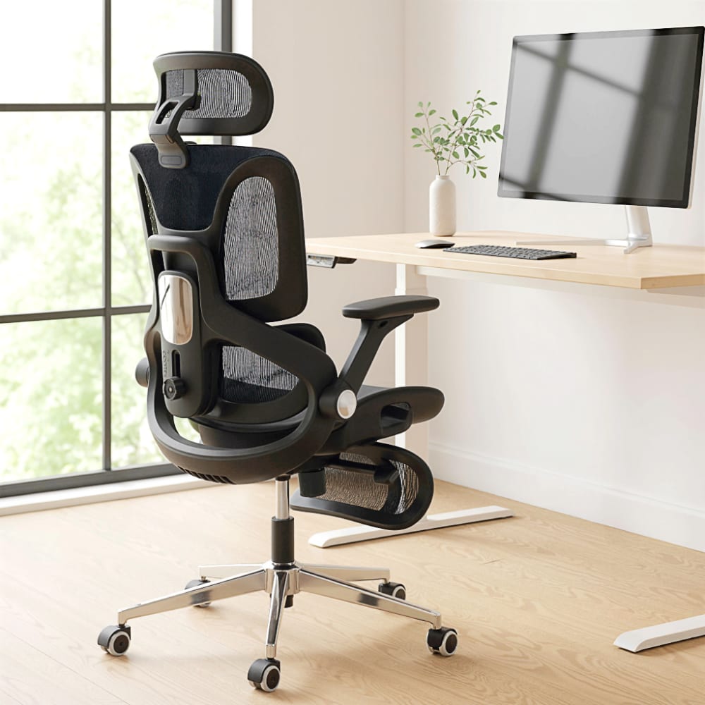 Chaise de bureau Homcom noire avec maille, appui-tête et repose-pieds réglables — vue 3