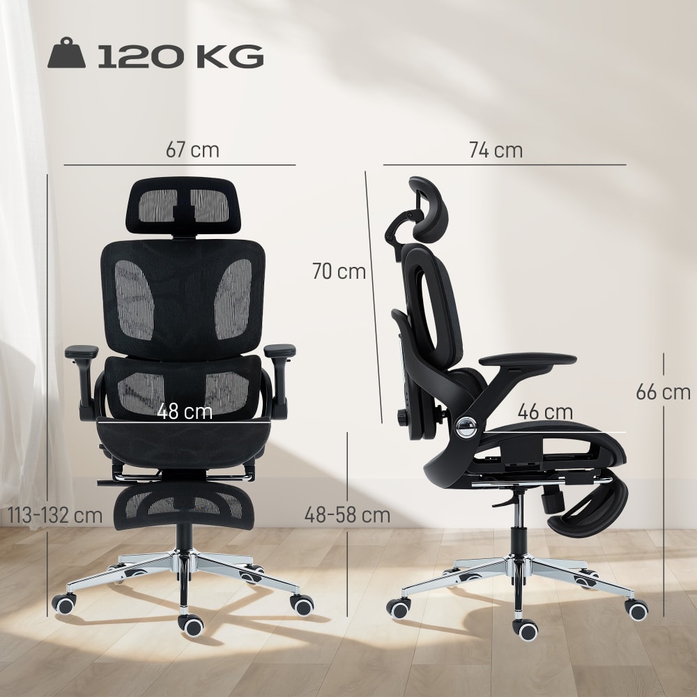 Chaise de bureau Homcom noire avec maille, appui-tête et repose-pieds réglables — vue 4