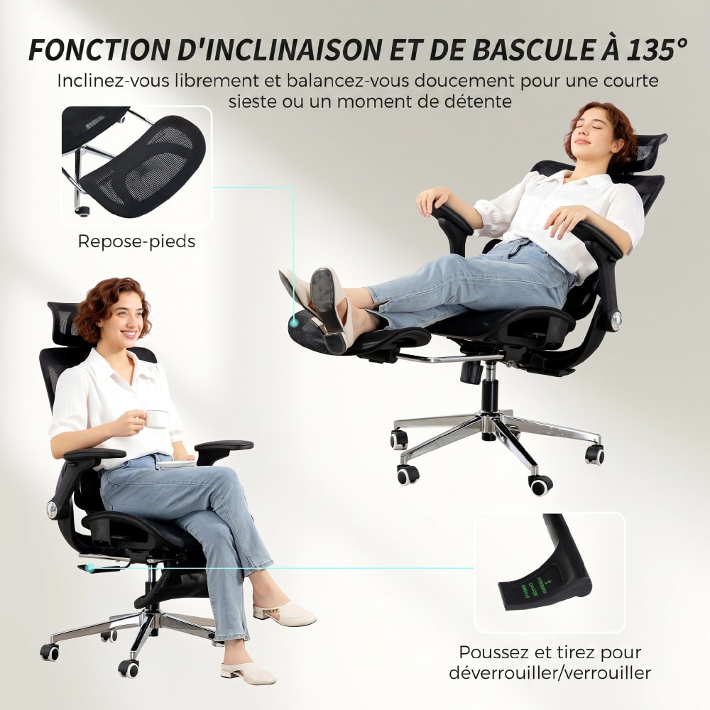 Chaise de bureau Homcom noire avec maille, appui-tête et repose-pieds réglables — vue 5
