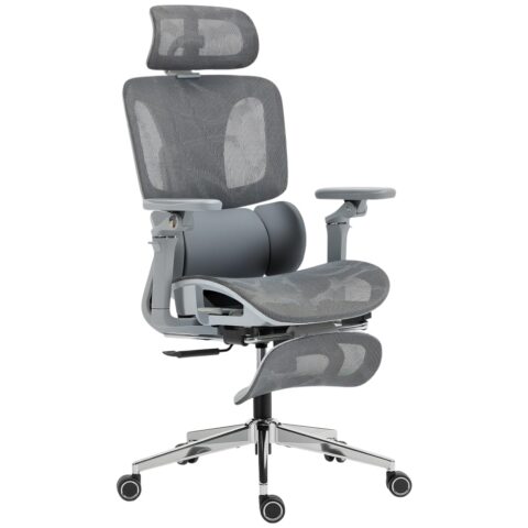 Chaise de bureau Homcom 6D grise avec maille, appui-tête et repose-pieds réglables