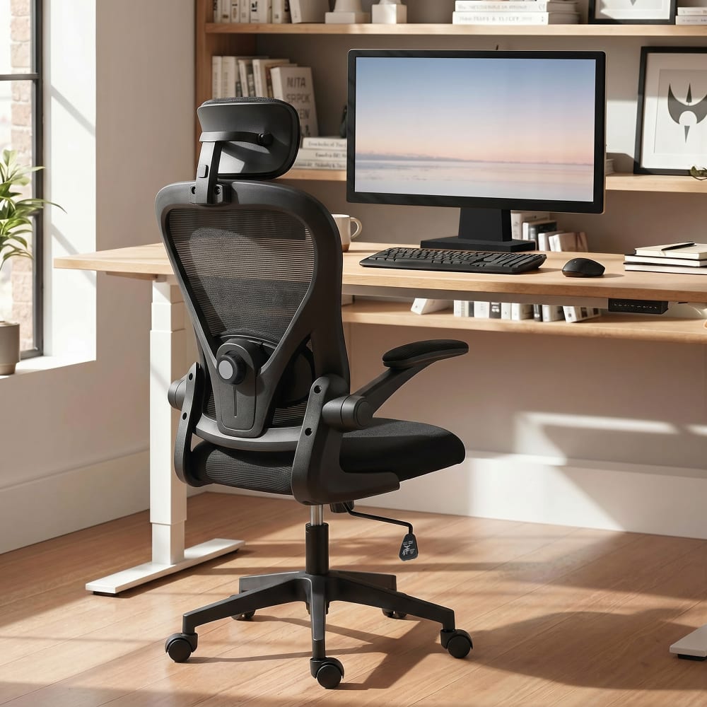 Chaise de bureau Homcom noire avec dossier en maille et appui-tête réglable — vue 2