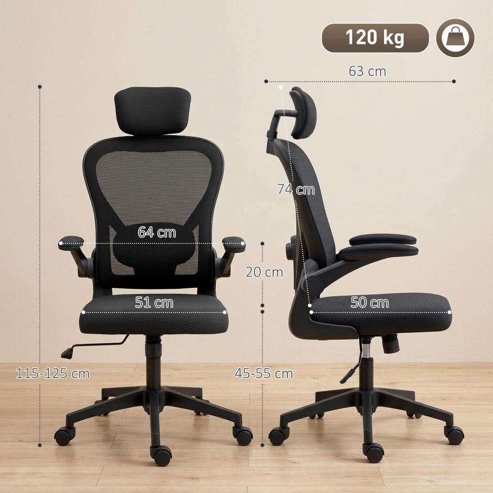 Chaise de bureau Homcom noire avec dossier en maille et appui-tête réglable — vue 4