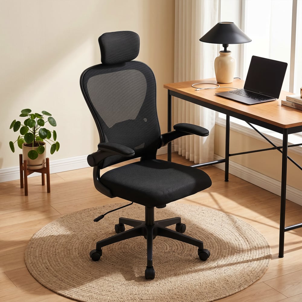 Chaise de bureau Homcom noire avec dossier en maille et appui-tête réglable — vue 6