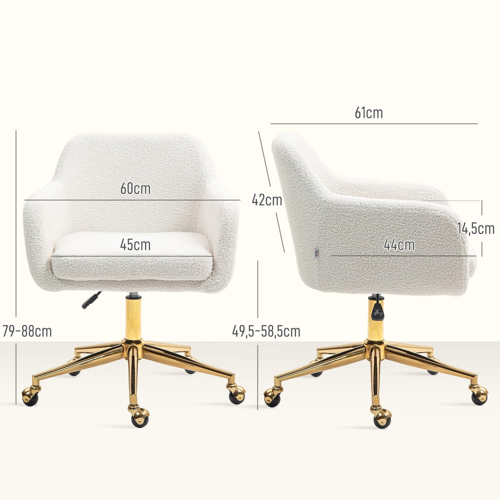 Chaise de bureau Homcom crème en velours teddy avec accoudoirs et roulettes — vue 4