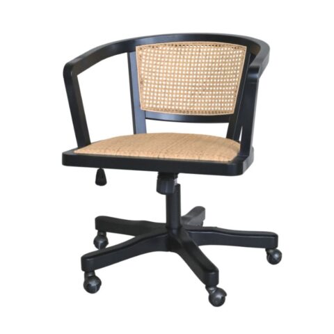 Chaise de bureau CHEMIN DE CAMPAGNE en bois noir et rotin marron à roulettes