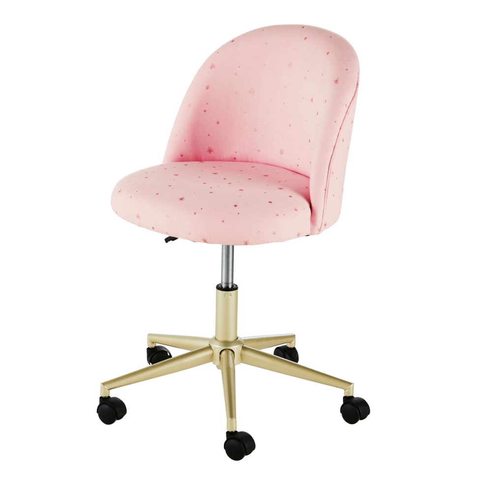 Chaise de bureau enfant MAURICETTE rose à étoiles, pied laiton et roulettes