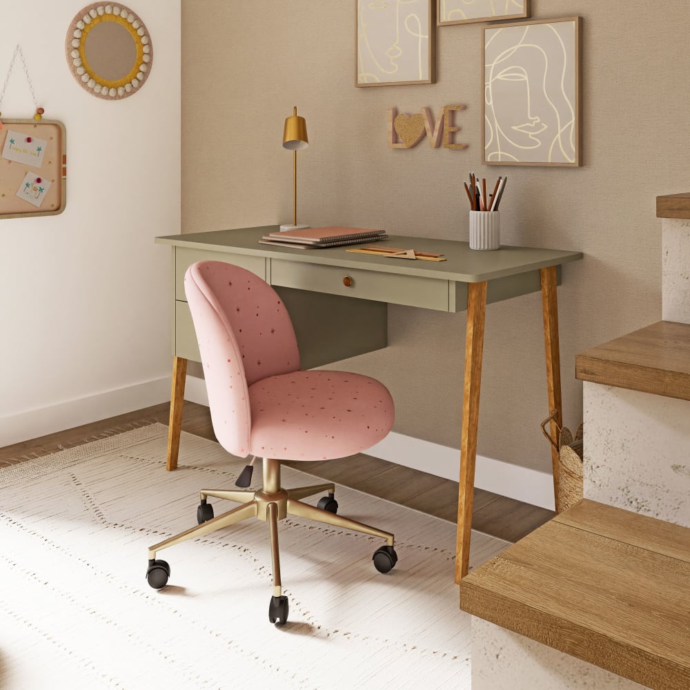 Chaise de bureau enfant MAURICETTE rose à étoiles, pied laiton et roulettes — vue 5