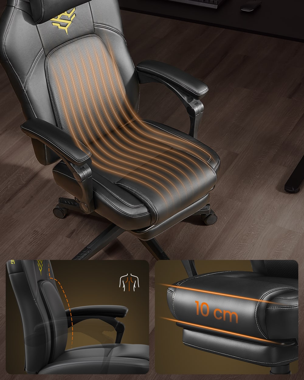 Chaise de bureau ergonomique SONGMICS HOME noire avec dossier inclinable et repose-pieds — vue 3