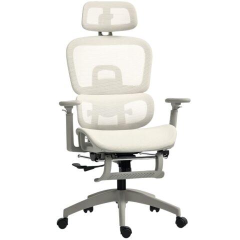 Chaise de bureau ergonomique Homcom beige avec dossier inclinable et repose-pieds