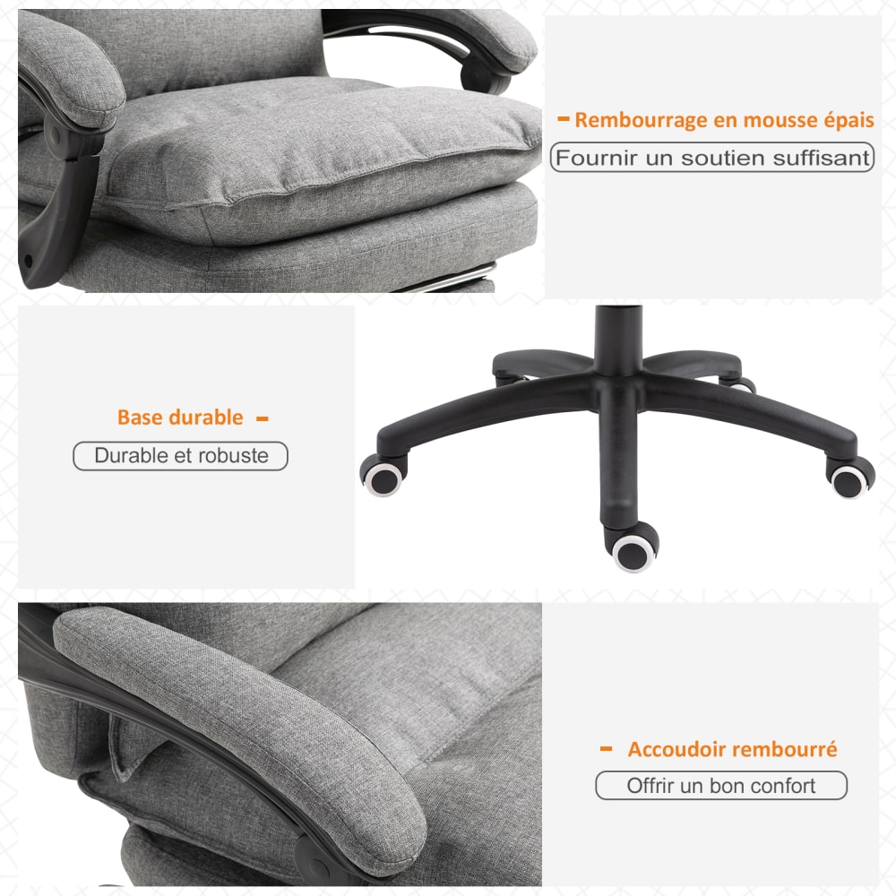 Chaise de bureau massante Vinsetto grise avec dossier inclinable et repose-pieds rétractable — vue 5