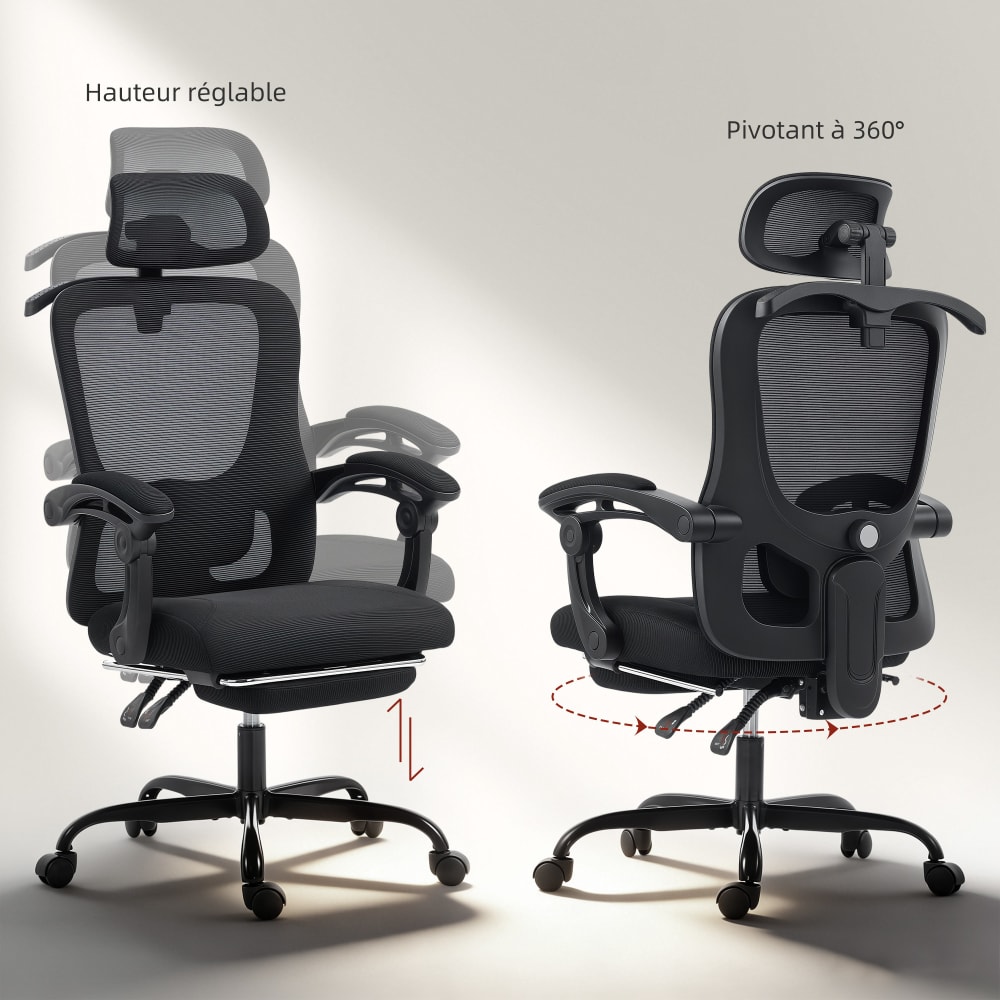 Chaise de bureau ergonomique Homcom noire avec dossier en maille et repose-pieds — vue 5