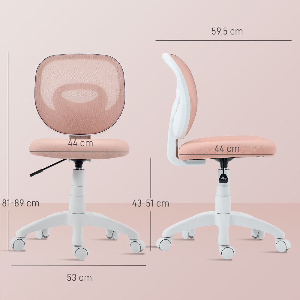 Chaise de bureau ergonomique Homcom rose avec dossier en maille et sans accoudoirs — vue 4