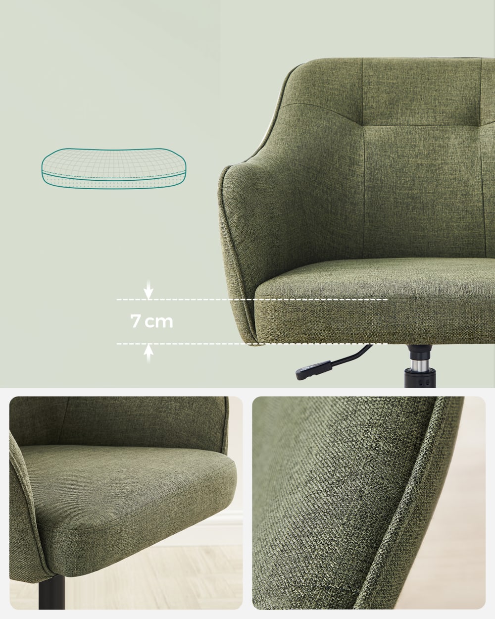 Chaise de bureau SONGMICS verte en tissu coton-lin avec assise rembourrée — vue 3