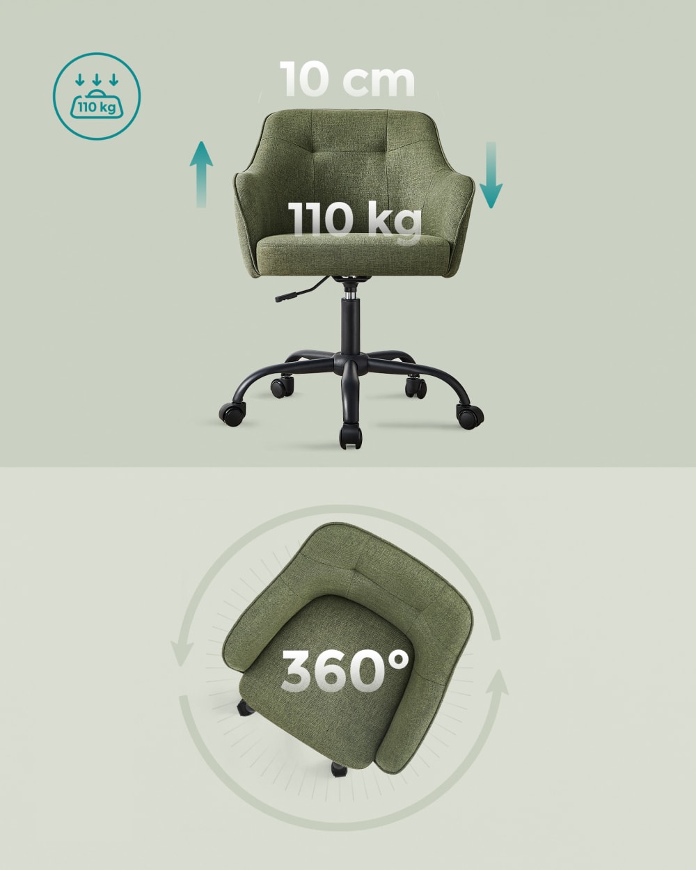 Chaise de bureau SONGMICS verte en tissu coton-lin avec assise rembourrée — vue 4