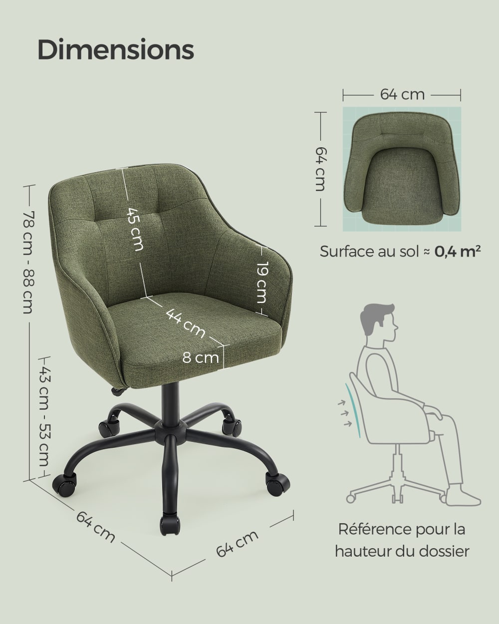 Chaise de bureau SONGMICS verte en tissu coton-lin avec assise rembourrée — vue 5