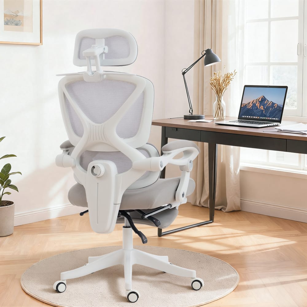 Chaise de bureau Homcom grise avec dossier en maille et appui-tête réglable — vue 2