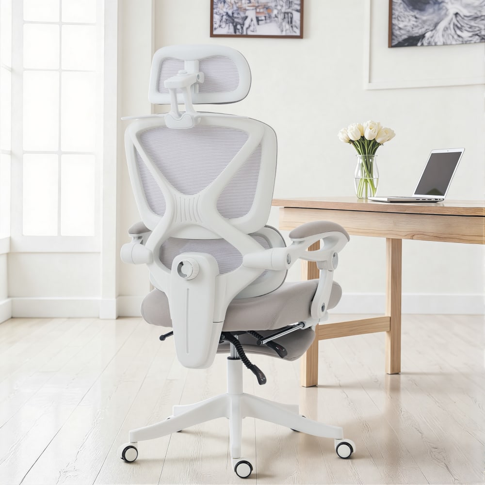 Chaise de bureau Homcom grise avec dossier en maille et appui-tête réglable — vue 3
