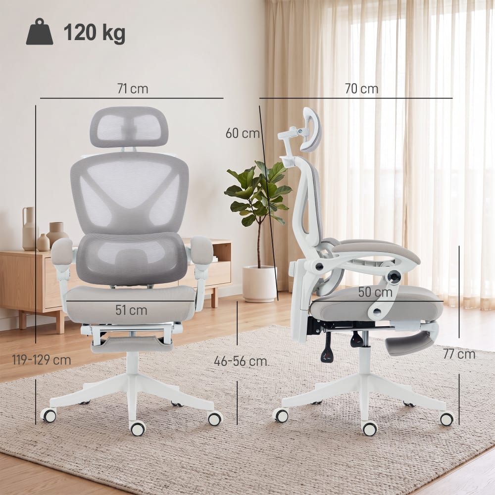 Chaise de bureau Homcom grise avec dossier en maille et appui-tête réglable — vue 4