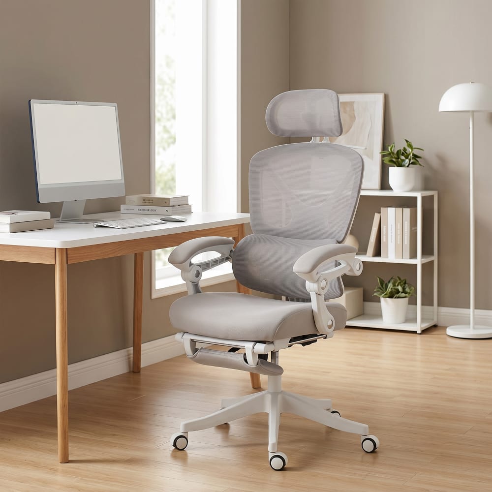 Chaise de bureau Homcom grise avec dossier en maille et appui-tête réglable — vue 5