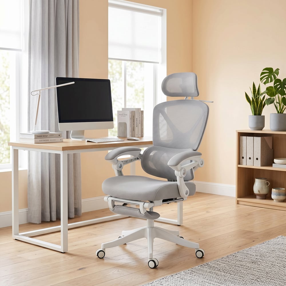 Chaise de bureau Homcom grise avec dossier en maille et appui-tête réglable — vue 6