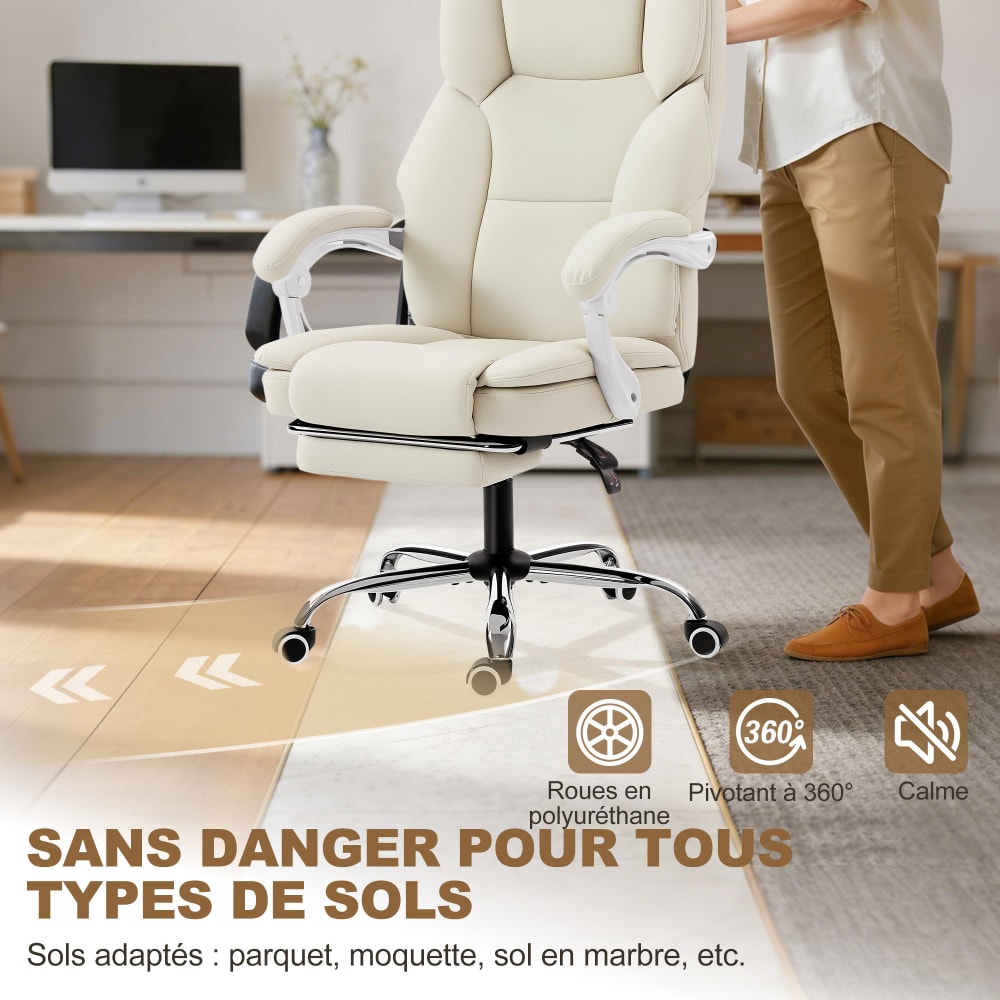 Chaise de bureau Homcom inclinable beige avec repose-pieds et dossier haut — vue 5