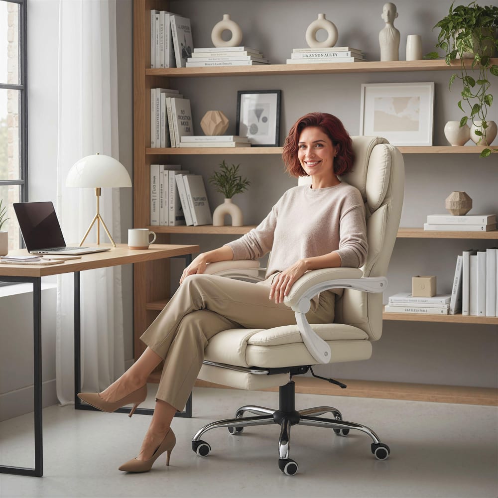 Chaise de bureau Homcom inclinable beige avec repose-pieds et dossier haut — vue 6