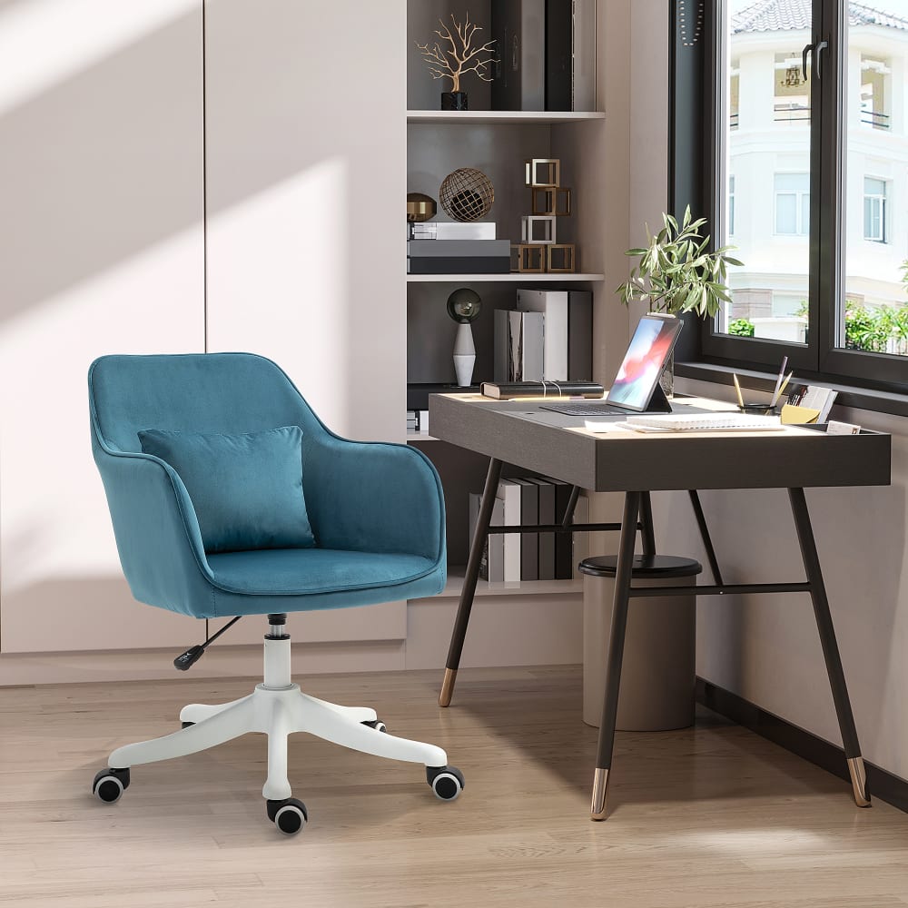 Chaise de bureau massante Vinsetto bleue en velours avec piètement blanc — vue 2