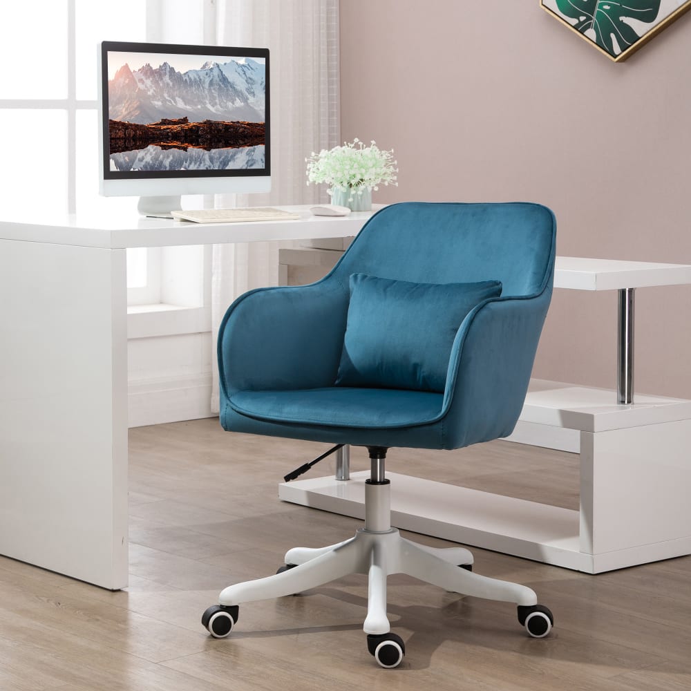 Chaise de bureau massante Vinsetto bleue en velours avec piètement blanc — vue 3