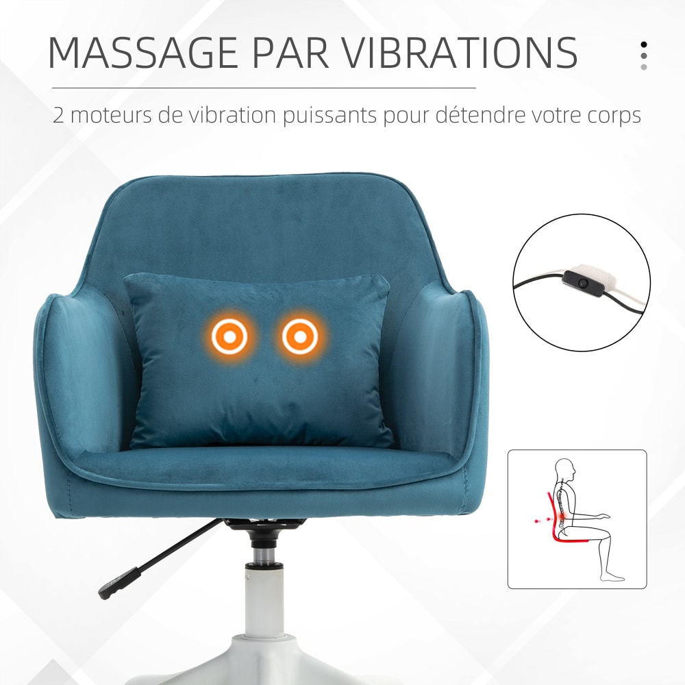 Chaise de bureau massante Vinsetto bleue en velours avec piètement blanc — vue 5