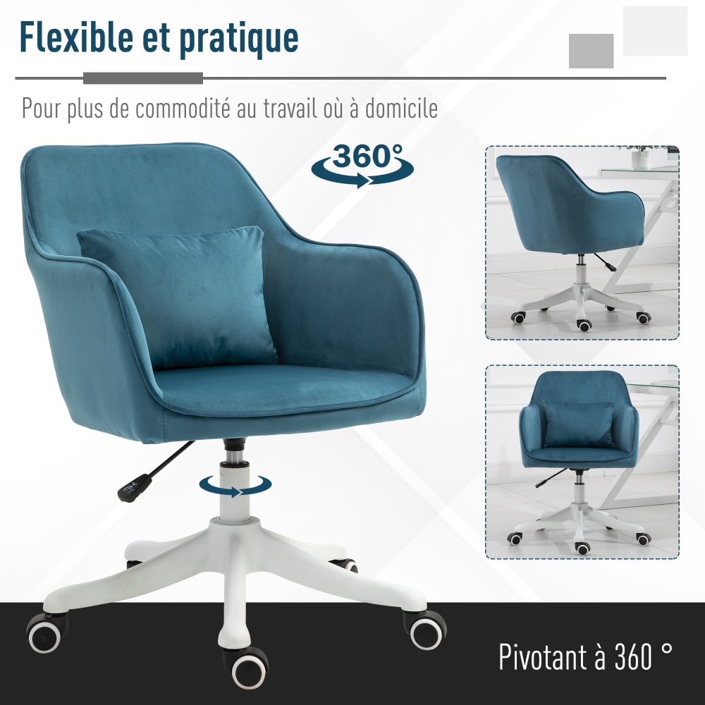 Chaise de bureau massante Vinsetto bleue en velours avec piètement blanc — vue 7