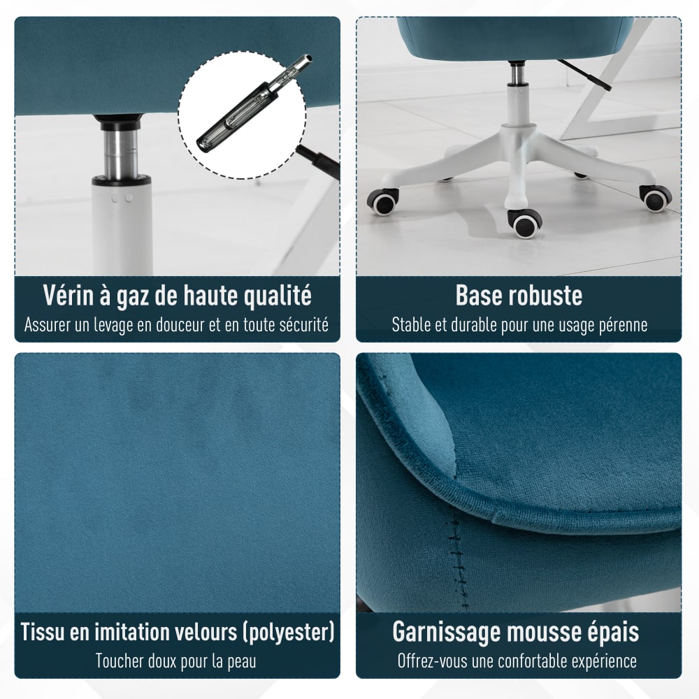 Chaise de bureau massante Vinsetto bleue en velours avec piètement blanc — vue 8