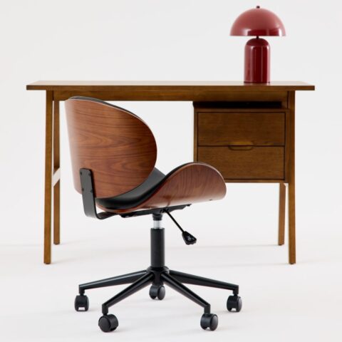 Chaise de bureau sweeek noire, coque courbe en placage noyer et roulettes