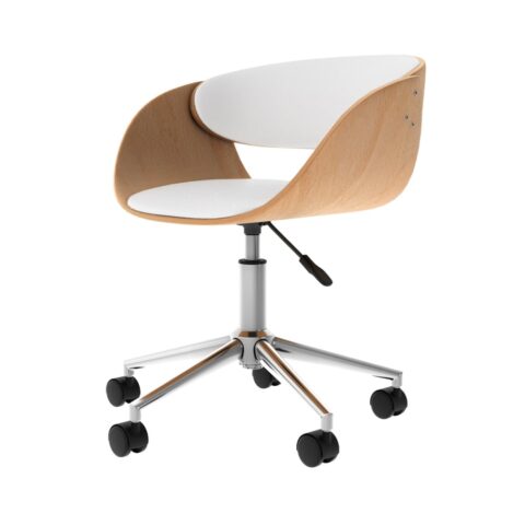Chaise de bureau Maison Pavane Adelmar en bois clair, PU blanc et roulettes