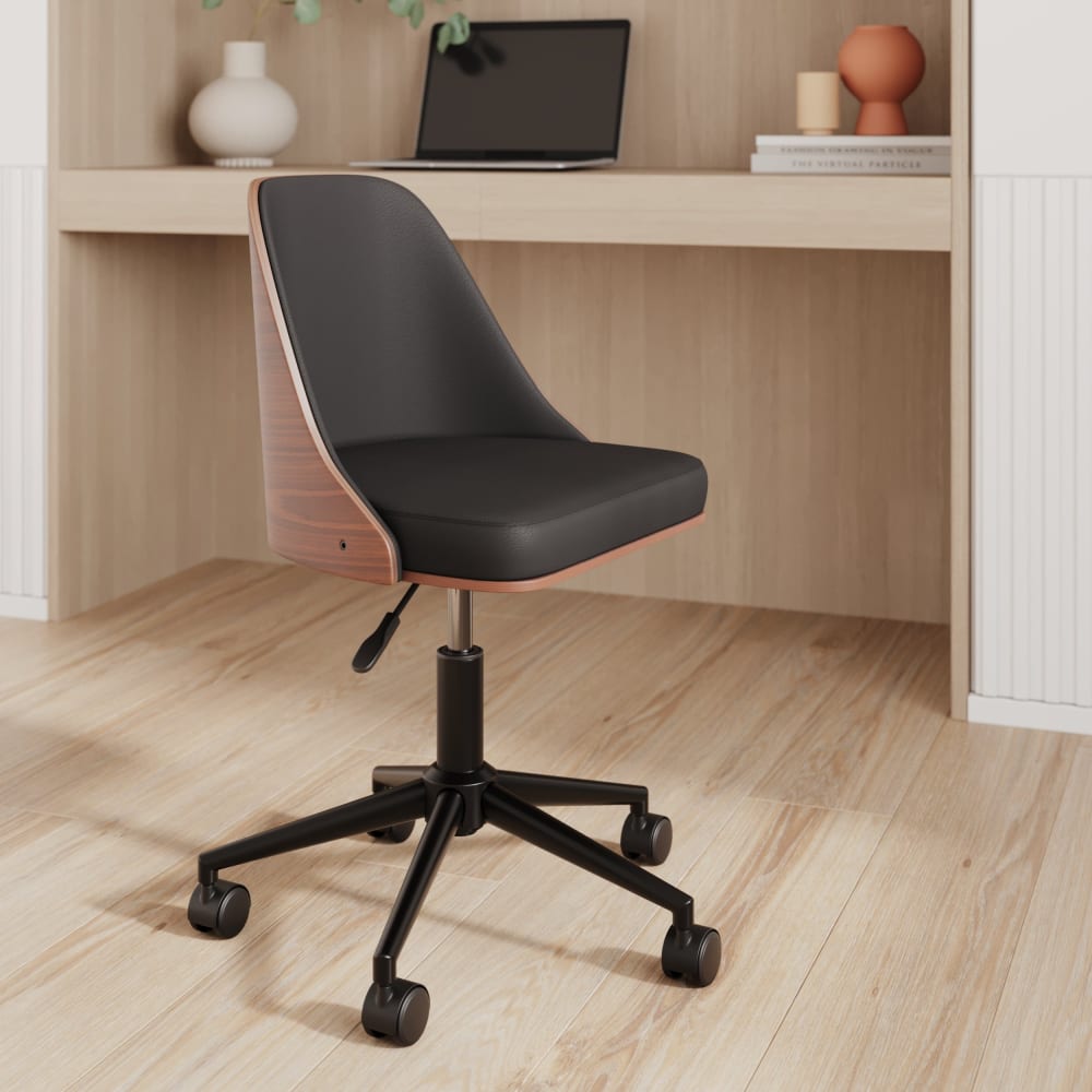Chaise de bureau Georges Maison Pavane en bois foncé, assise noire et roulettes — vue 2
