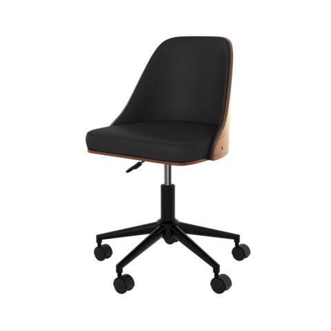 Chaise de bureau Georges Maison Pavane en bois foncé, assise noire et roulettes