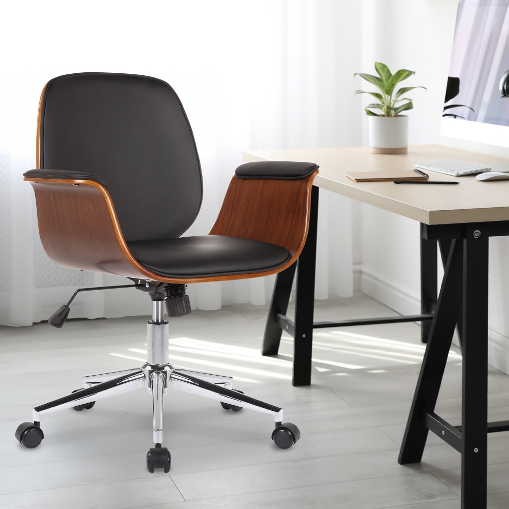 Chaise de bureau Kemberg en bois noyer, similicuir noir et piètement chromé — vue 2