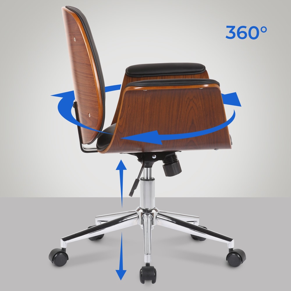 Chaise de bureau Kemberg en bois noyer, similicuir noir et piètement chromé — vue 4
