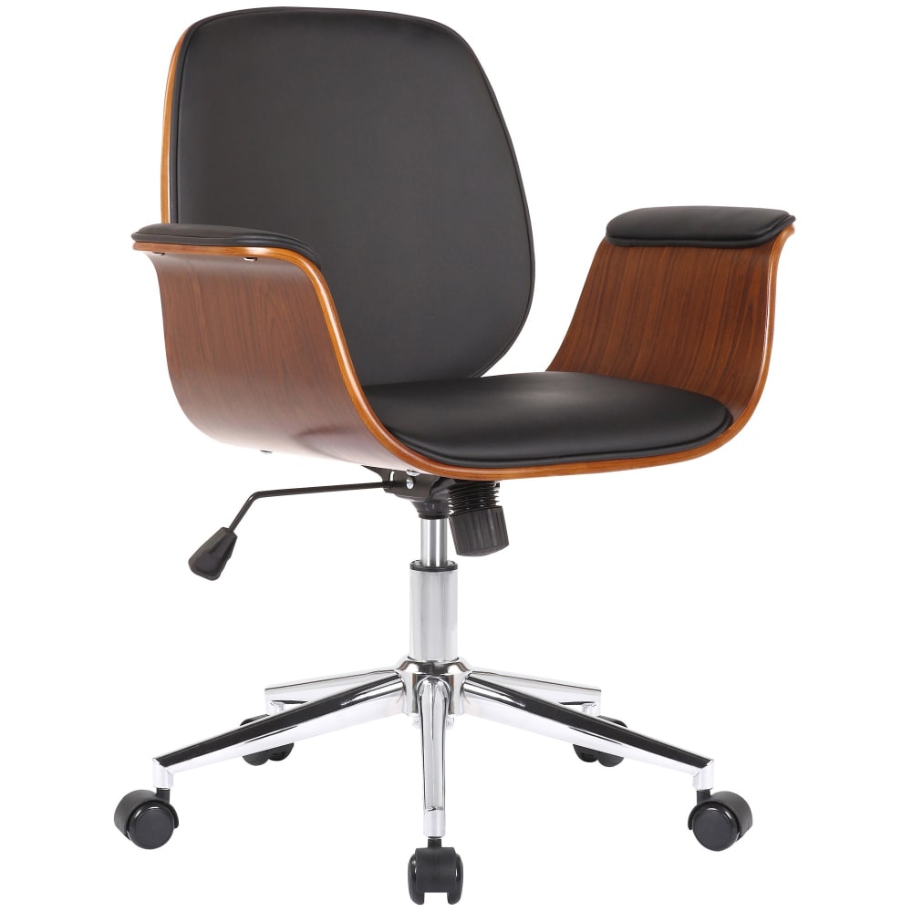 Chaise de bureau Kemberg en bois noyer, similicuir noir et piètement chromé