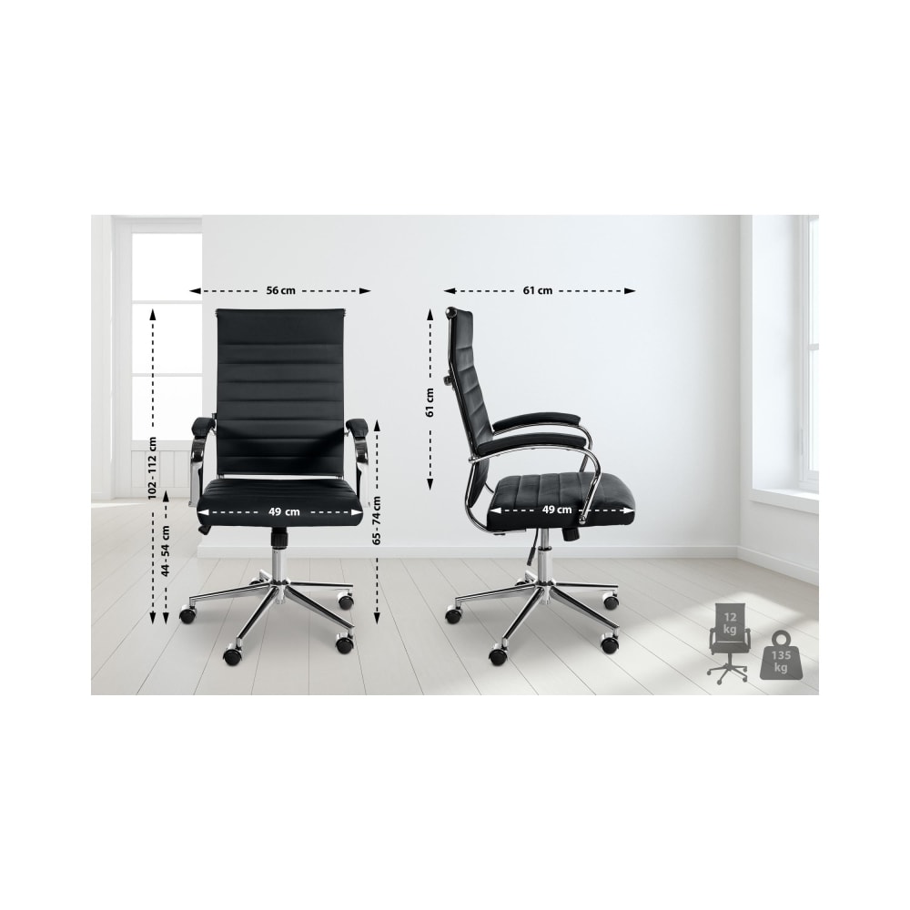 Chaise de bureau Mollis en cuir noir avec accoudoirs rembourrés et piètement chromé — vue 3