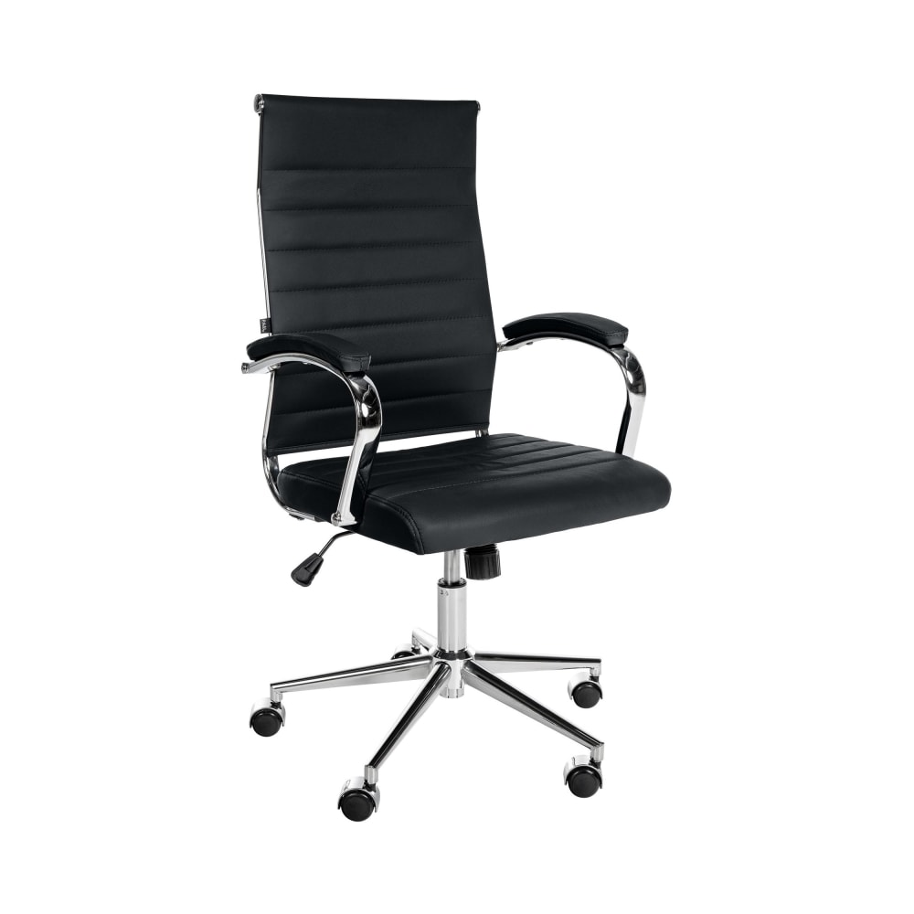 Chaise de bureau Mollis en cuir noir avec accoudoirs rembourrés et piètement chromé