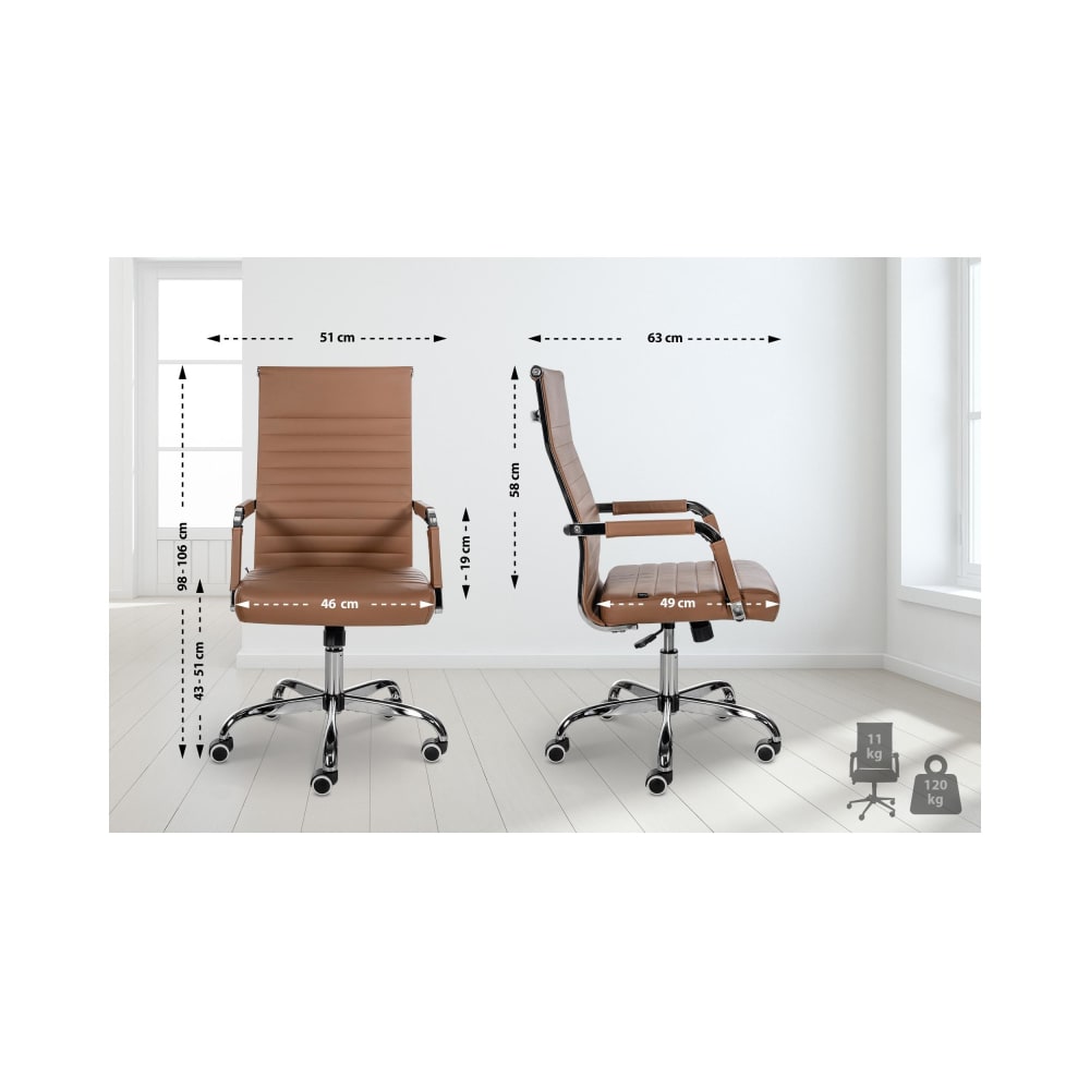 Chaise de bureau Amadora marron clair, pivotante avec assise réglable et piétement chromé — vue 3