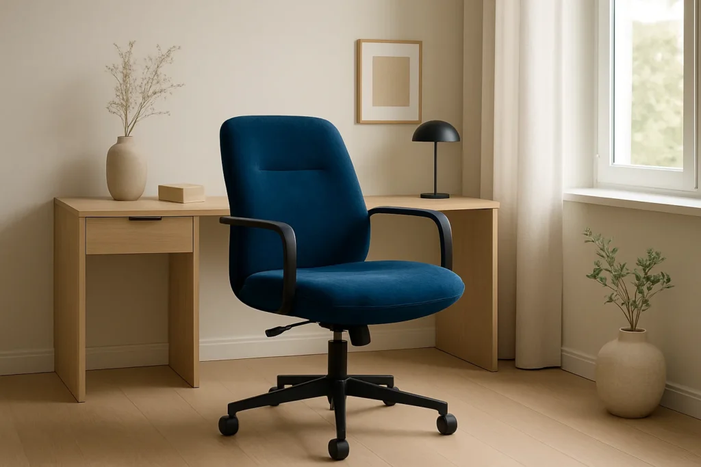 Fauteuil de bureau bleu profond près d’une fenêtre, dans un espace de travail aux murs clairs.