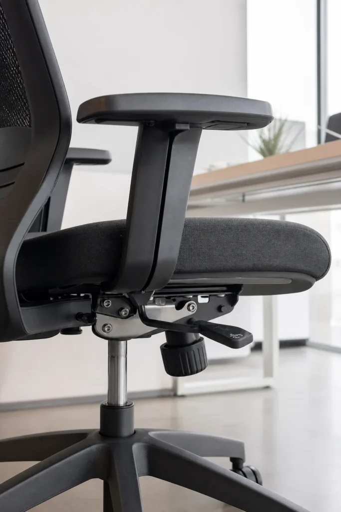 Vue latérale d’un siège de travail montrant sous l’assise les leviers de réglage et le mécanisme de bascule métallique.