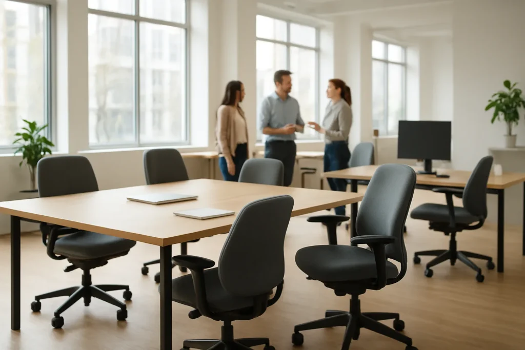 Des fauteuils de bureau regroupés autour de tables dans un espace de travail partagé où des collègues échangent.