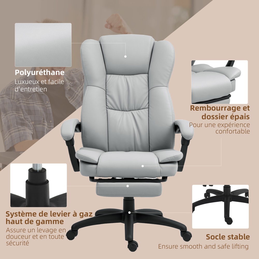 Fauteuil de bureau massant Vinsetto gris avec repose-pieds et dossier inclinable — vue 5